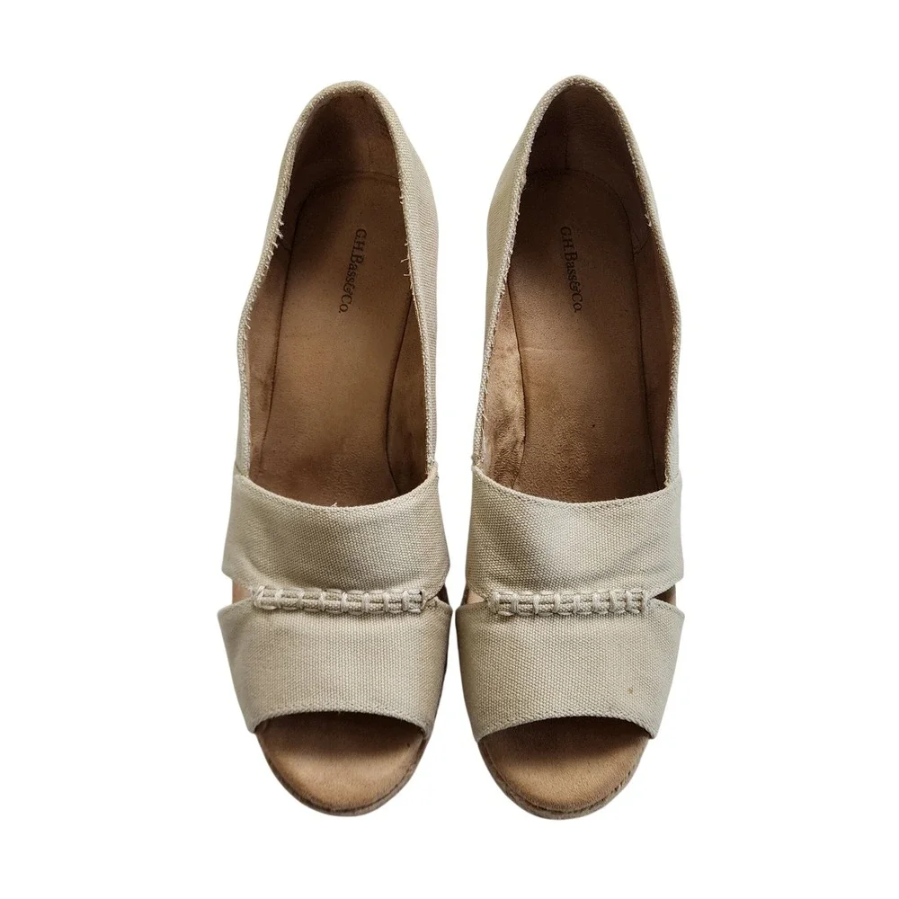 GH Bass & Co Womens Andi Wedge‎ Espadrilles Size 10 Beige Canvas Peep Toe Summer